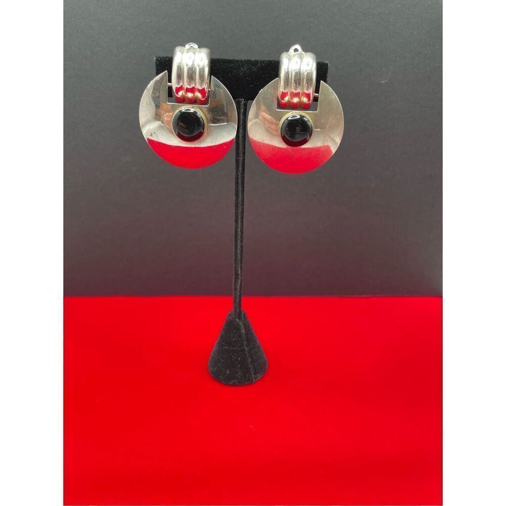 Vintage Mexican Sterling Silver & Onyx Clip On Modernist Earrings Signed TA60